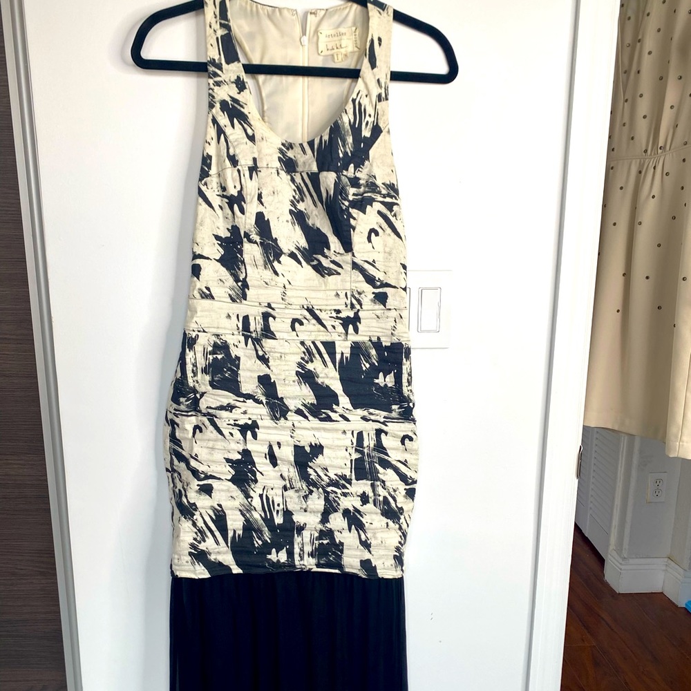 Nicolle Miller body con black and white dress with black sheer on bottom stretch